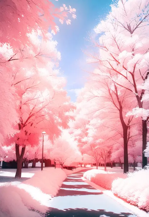 a close up of a street with trees and a bench in the middle