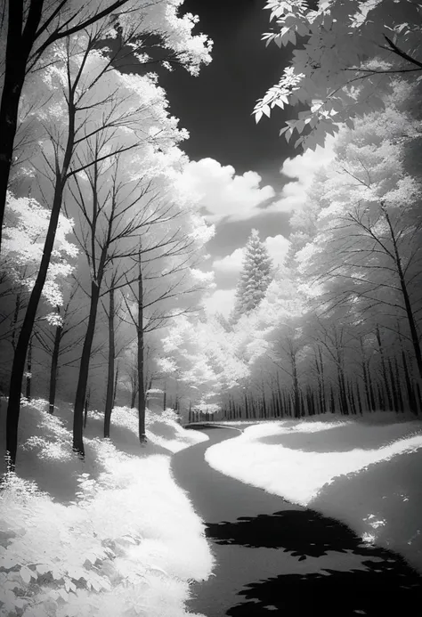 a black and white photo of a path in a forest