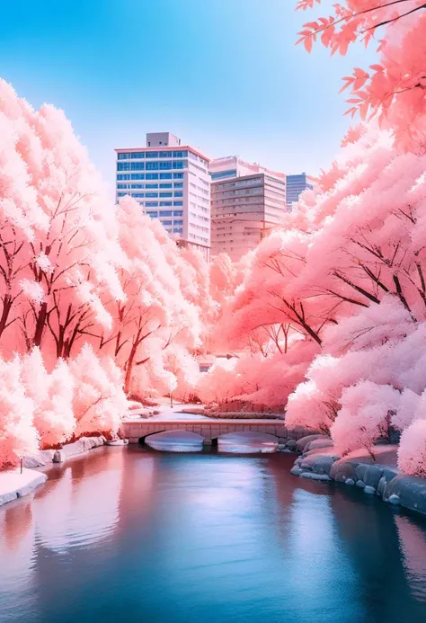 a close up of a river with trees and a bridge