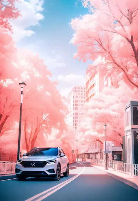 a close up of a car driving down a street near a tall building