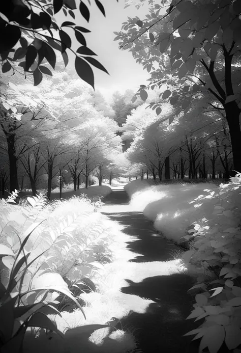 a black and white photo of a path in a park