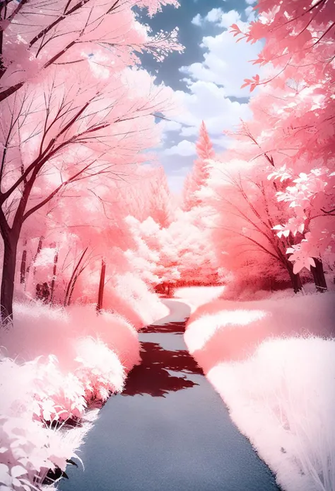 there is a pink forest with a stream of water in it