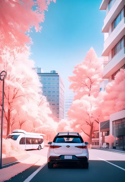 a close up of a car driving down a street near tall buildings