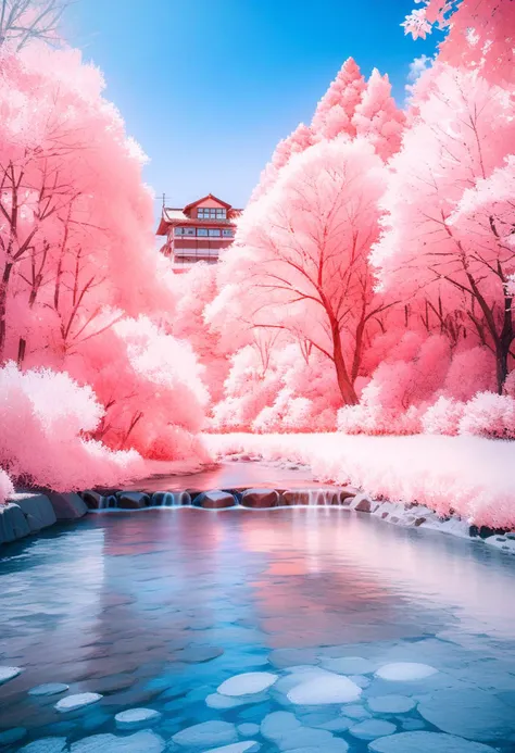 a pink forest with a river and a house in the distance