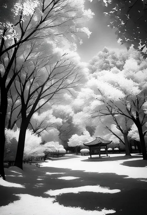 arafed view of a park with trees and benches in the snow