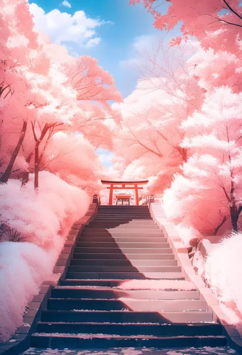 a close up of a stairway leading to a red tori tori gate