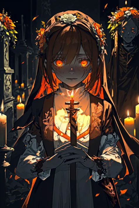 anime girl with a candle in her hand in a dark room