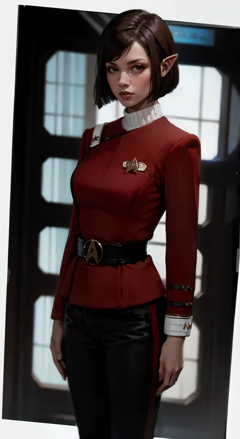 side (bob haircut1:1), vulcan girl, star trek ,  (twokunf red uniform:1.25),black pants <lora:TWOK_OC:1>, pointy ears, white shoulder band