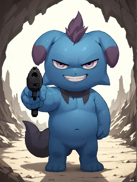 a cartoon blue dog holding a gun in a cave