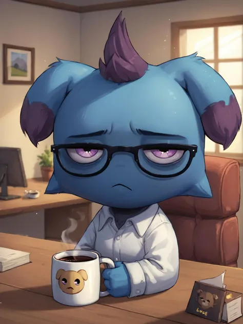 a close up of a cartoon dog with glasses and a cup of coffee