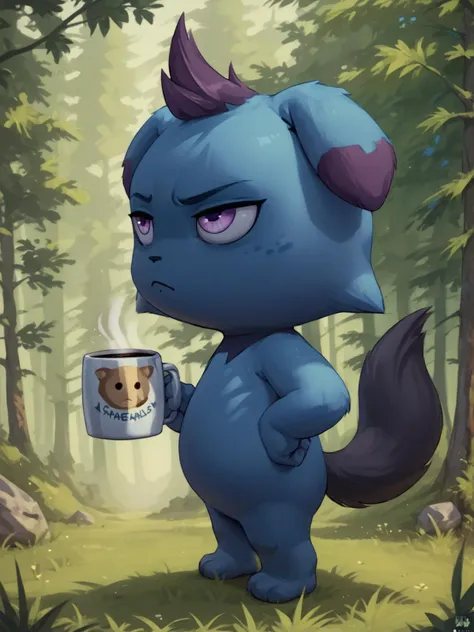 a close up of a cartoon dog holding a cup of coffee