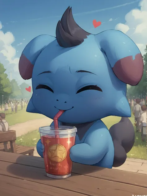 a close up of a cartoon animal drinking a drink on a table