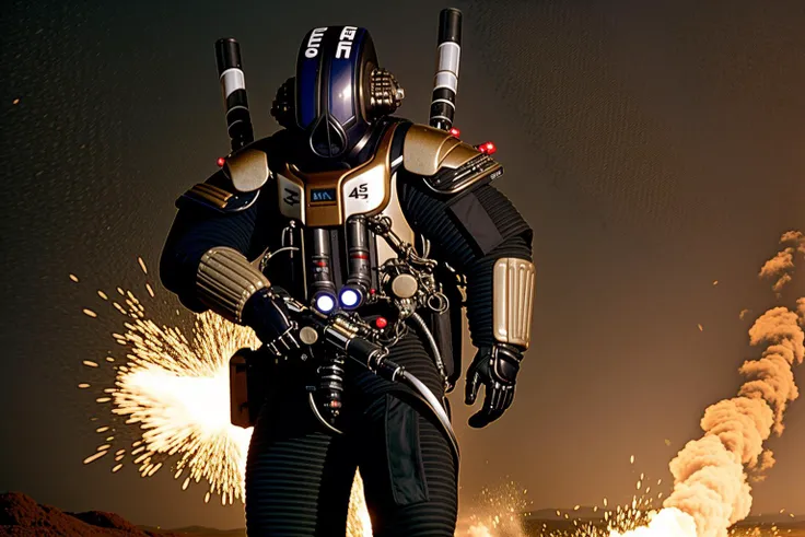 a man in a space suit with a helmet and a gas mask , solo, standing, full body, no humans, helmet, robot, mecha, machinery, science fiction, realistic, cable