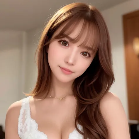 best quality, photorealistic, 8k, high res, 1girl, woman, (skindentation), (professional lighting), (portrait:0.6), designer clothing and accessories, gorgeous, ((brown hair)), (medium hair:1.6), (flowing hair:1.4), (1girl eyes looking at viewer:1), ((look...