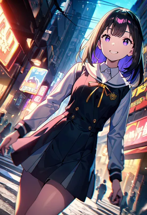 anime girl walking down a city street in a school uniform