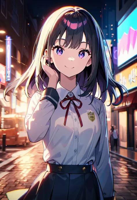 anime girl in uniform talking on cell phone on city street