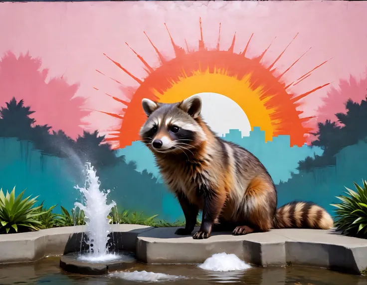 (raccoon dog:1.16), (larry poons inspired artwork:1.19), (tokyo mural composition:1.14), simba, water feature, hellbards, sunburst behind man