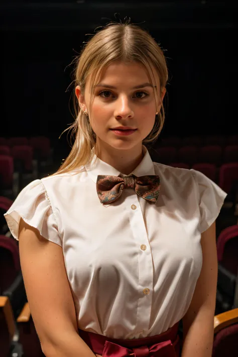 RAW photo of linchenw, Bow-Tie Blouse at Theater Show,(high detailed skin:1.2), 8k uhd, dslr, soft lighting, high quality, film grain, Fujifilm XT3, <lora:linchenw:1>