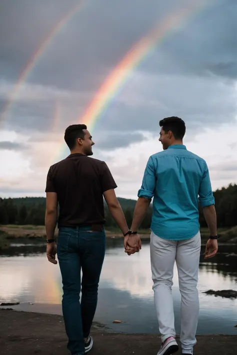 gay couple holding hands under rainbow