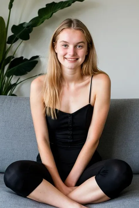 18yo Olga Helgasdottir, serious outfit, black couch, sitting, smile