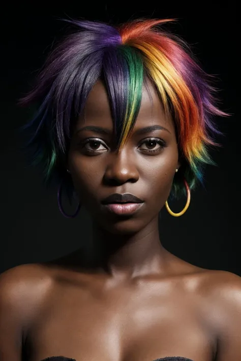 african woman, rainbow colored hair, dark background