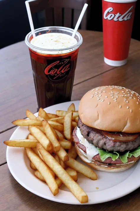 burger, fries, glass of cola, on a table