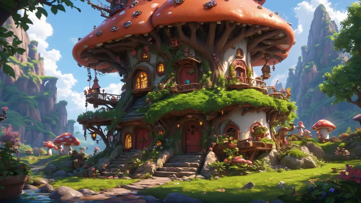 a close up of a mushroom house in a forest with a stream