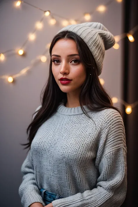 photo of (EPTr1pt1D1mr1:0.99), closeup portrait, perfect hair, (modern photo, Cable knit slouchy hat), 24mm, (analog, cinematic, film grain:1.3), ((galactic united nations headquarters, temperature regulating glass coatings, string lights (fairy lights), u...