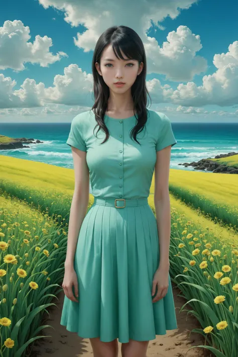 a woman standing in a field of flowers next to the ocean