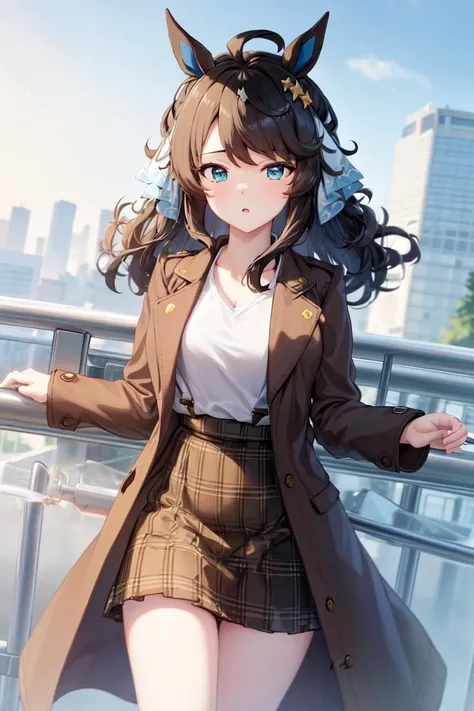 masterpiece, best quality,
daring tact (umamusume),
buildings, looking at viewer, 
long sleeves, brown coat, open coat, yellow shirt, shirt stuck in skirt, suspenders, plaid skirt, black skirt, brown shorts
<lora:daring_tact_loha:0.7>