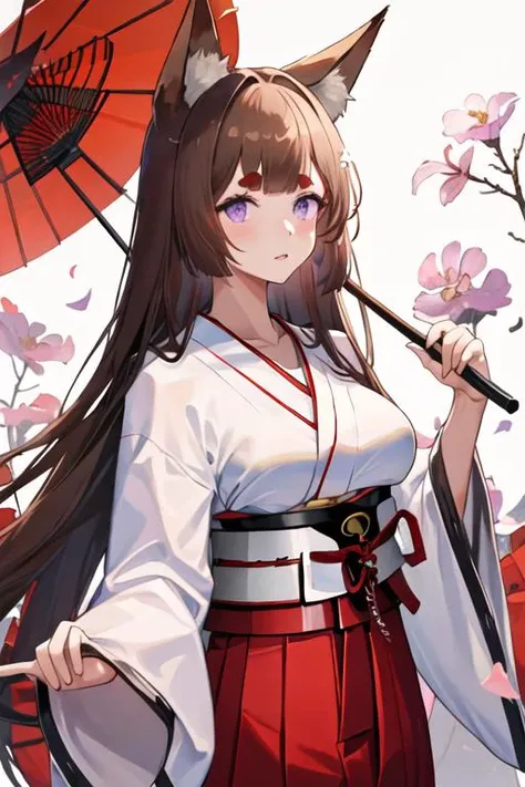 best quality, masterpiece, highres, solo, {white kimono:1.35}, {red hakama:1.35}, {wide sleeves:1.20}, {amagi_azurlane:1.15}, animal_ears, fox_ears, brown_hair, long_hair, purple_eyes, bangs, thick_eyebrows, breasts, large_breasts, animal_ear_fluff, hair_o...