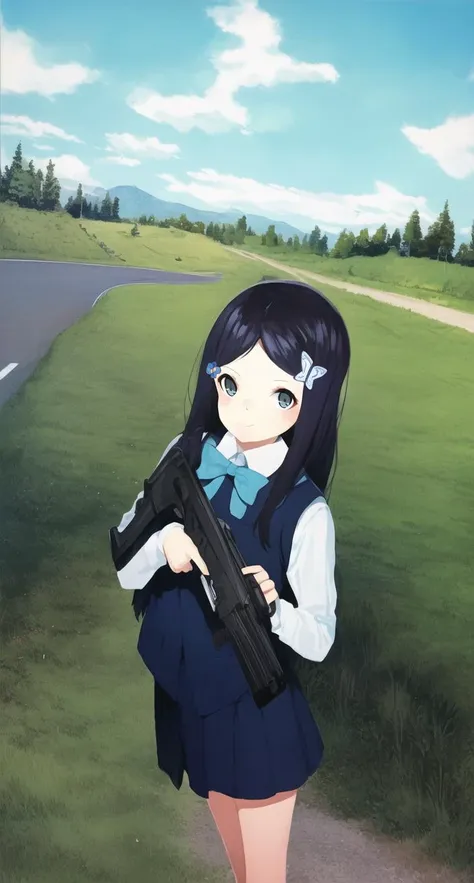 anime girl with a gun standing on a road