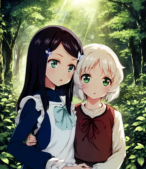 two anime girls are standing in the woods with their arms around each other