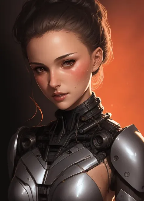 1girl, (natlp), shiny skin, oily skin, tan, (realistic, sketch), masterpiece, best quality, (subsurface scatteringskin pores:1.33), (hair shader:0.3),1girl beautiful goth cybernetic robot girl, black eyeliner, black lipstick, (white mechanical japanese arm...