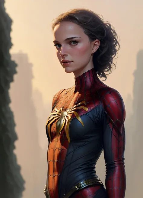 photo of natlp, woman, highres, masterpiece, 1girl, solo, best quality, realistic, outdoors, looking at viewer, perspective shot, (Spiderman cosplay), sweat, petite, navel, smirk, 4K, HDR. by (James C. Christensen:1.2|Jeremy Lipking:1.1).