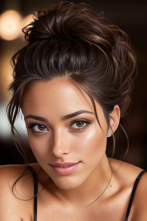 portrait photo of samrelagado beautiful woman hair updo upsweep nightclub sitting at bar (masterpiece) (best quality) (detailed) (8k) (HDR) (wallpaper) (cinematic lighting) (sharp focus) (intricate)