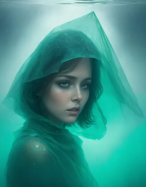 a woman in a green raincoat is under water