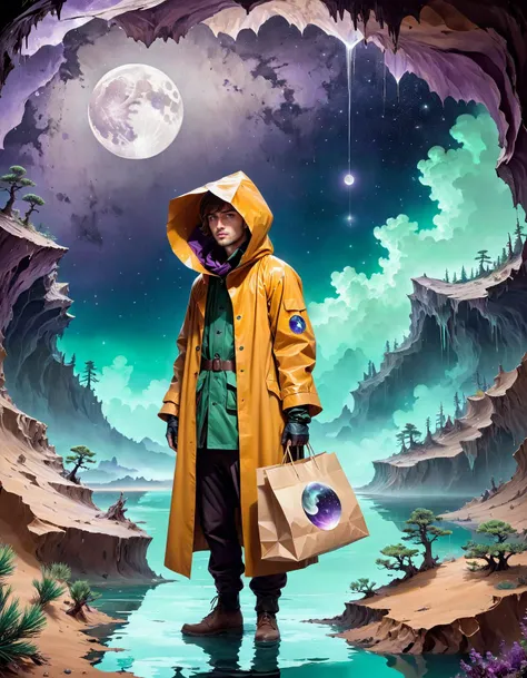 a man in a yellow raincoat standing in a cave