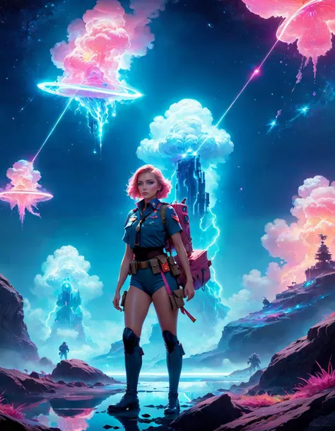 a woman standing in front of a futuristic landscape with a sky background