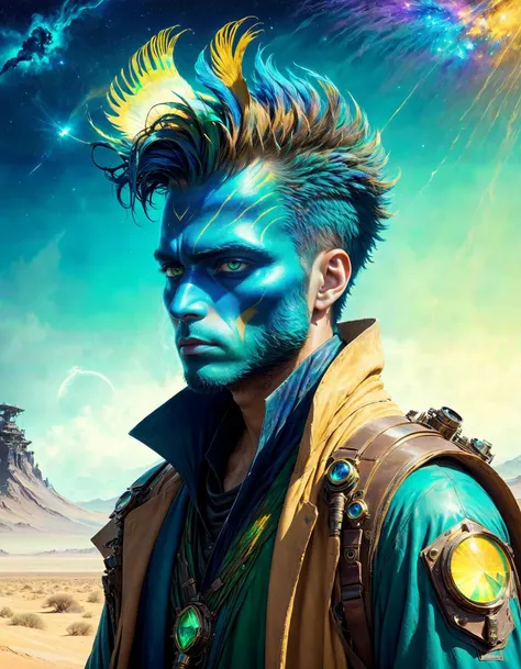 a man with blue hair and a blue face stands in front of a desert landscape