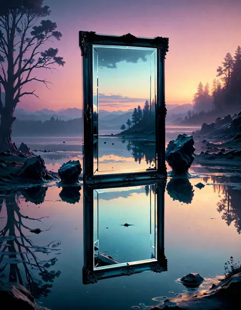 there is a mirror that is reflecting a lake and a tree