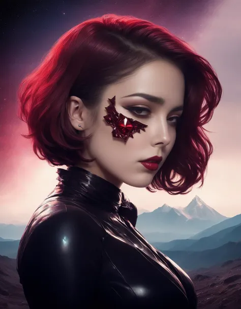 a woman with red hair and a black leather outfit with a red dragon on her face