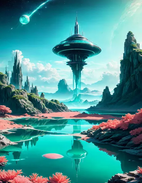 a futuristic landscape with a spaceship flying over a lake