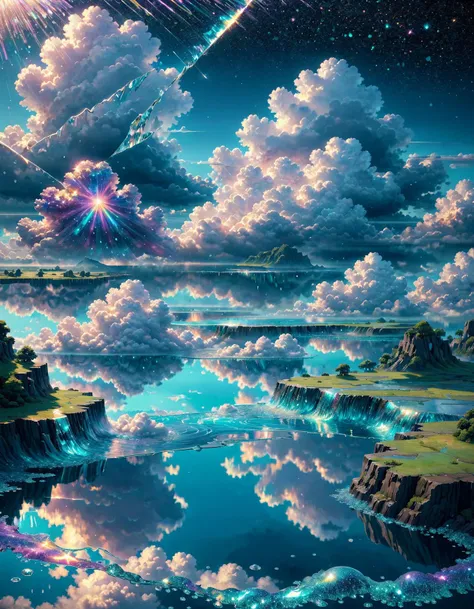 a painting of a lake surrounded by clouds and stars