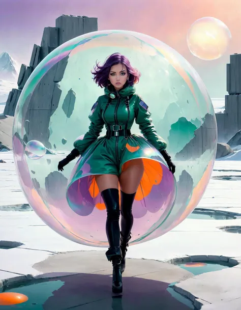 a woman in a green coat and boots standing in a bubble