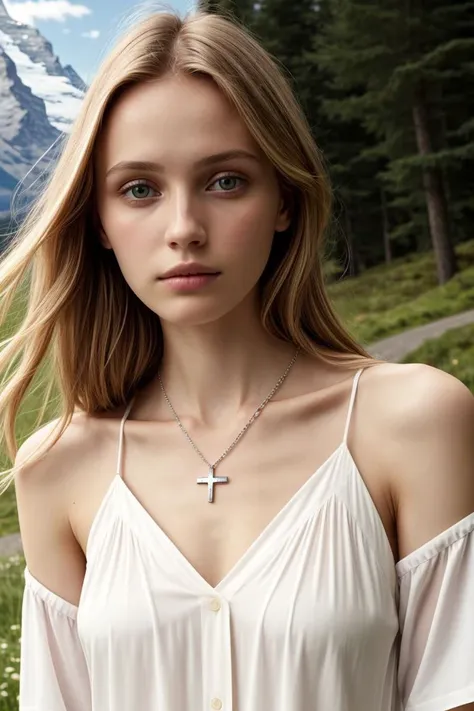 <lora:kawaii7.1.3_obj20:0.75:0.25>, European woman, closeup, (shirt), pants, (matterhorn), cross necklace , ZM_maria, wide shoulders, perfect face, (contact iris: 1.1), pale skin, skin pores , depth of field