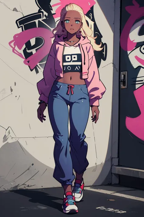 cartoon girl in pink hoodie and jeans walking in front of graffiti wall