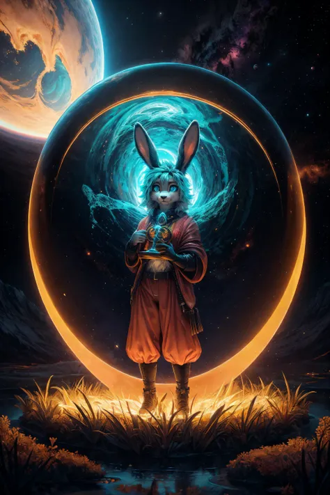 a rabbit in a space suit standing in front of a glowing orb