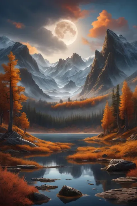 photo RAW,(autumn,mountains and a storm lake with a moon in the sky, old wooden slab home, 4k highly detailed digital art, 4 k hd wallpaper very detailed, impressive fantasy landscape, sci-fi fantasy desktop wallpaper, 4k wallpaper, 4k detailed hdr photogr...