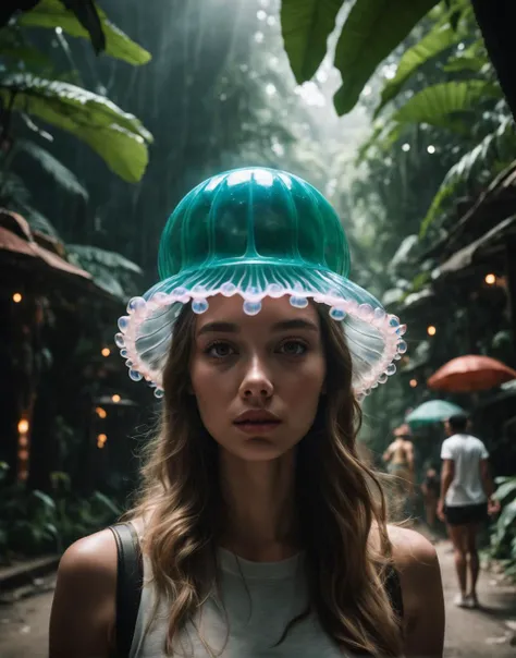 cinematic photo wide angle of a ((photo)), (street style, raw photo, ligthskin girl, jellyfish monster as a hat, jungle, Coherent, consistent, detailed, raw photo, shot on cinestill 400d, Highly detailed photography.) . 35mm photograph, film, professional,...